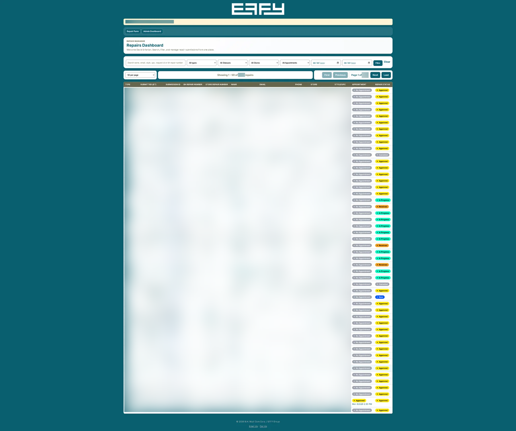 Admin application interface