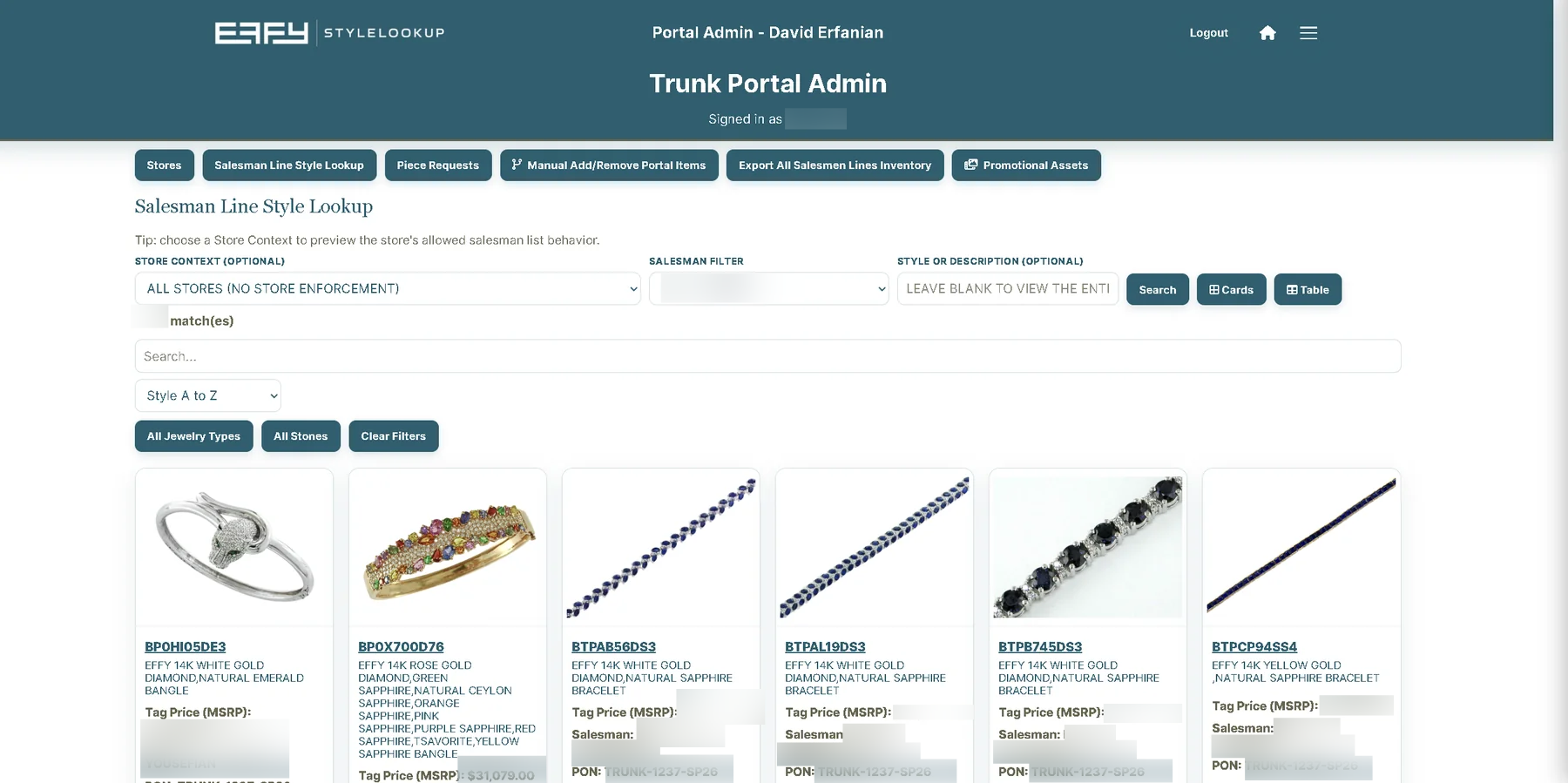 TrunkPortalAdmin application interface