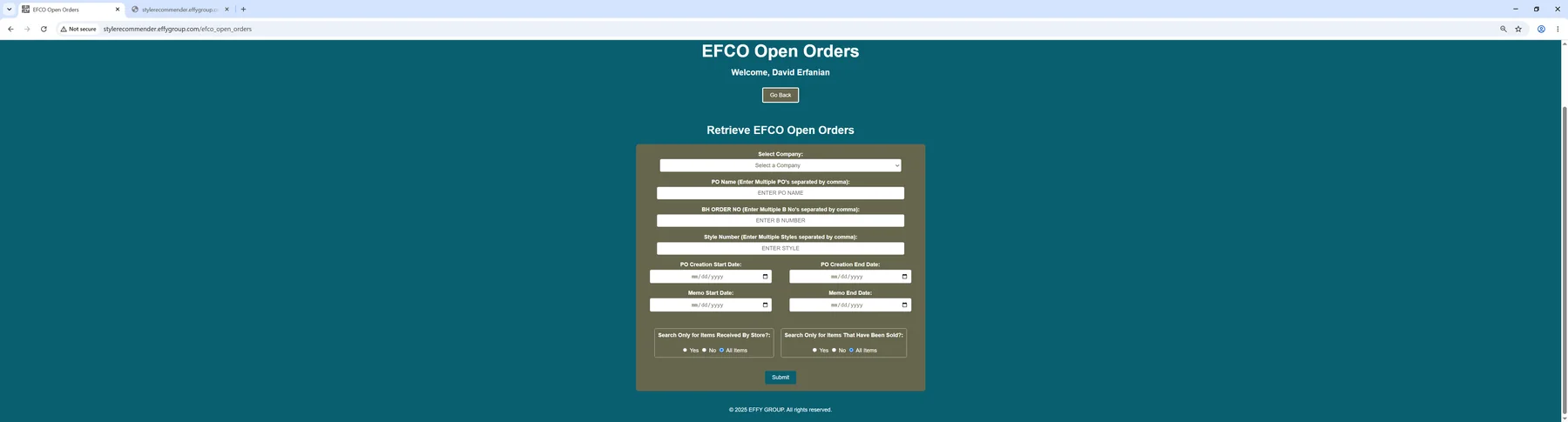 OpenOrdersReport application interface
